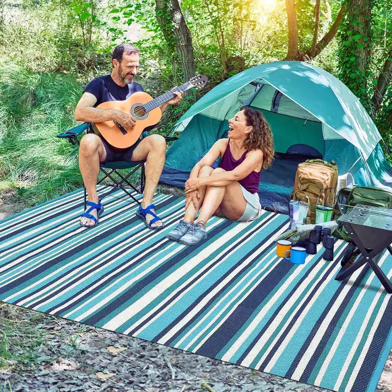 8x10 Waterproof Reversible Outdoor Plastic Straw Rug, Colorful Lines, Foldable for Patio, RV, Deck, Picnic, Porch, Camper, Balcony, Blue