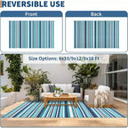 8x10 Waterproof Reversible Outdoor Plastic Straw Rug, Colorful Lines, Foldable for Patio, RV, Deck, Picnic, Porch, Camper, Balcony, Blue