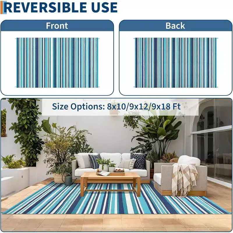 8x10 Waterproof Reversible Outdoor Plastic Straw Rug, Colorful Lines, Foldable for Patio, RV, Deck, Picnic, Porch, Camper, Balcony, Blue
