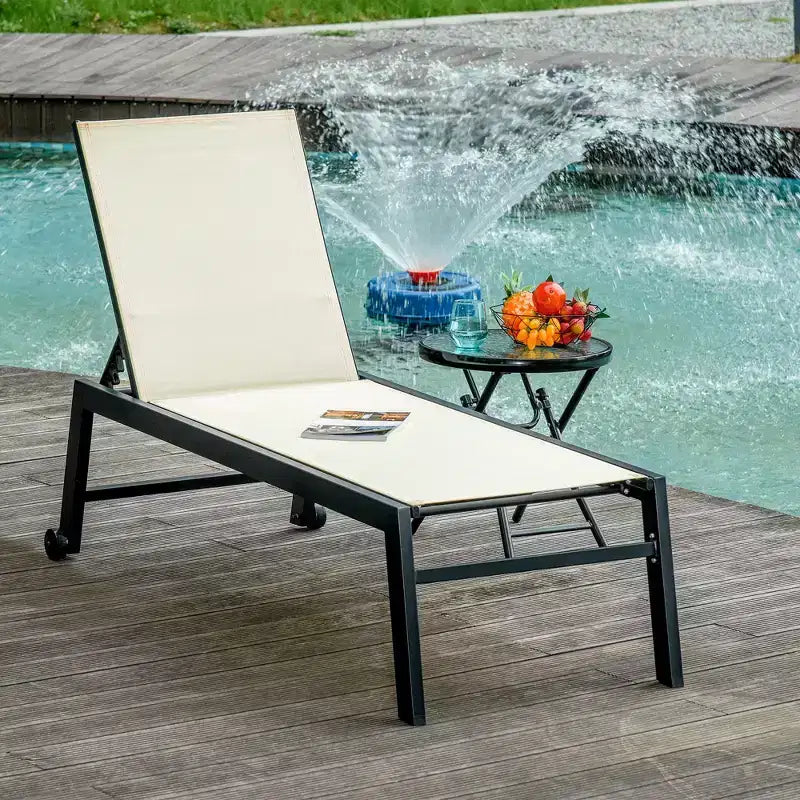 Outdoor Lounge Chair, Patio Lounger With 5-Position Reclining Backrest and 2 Wheels