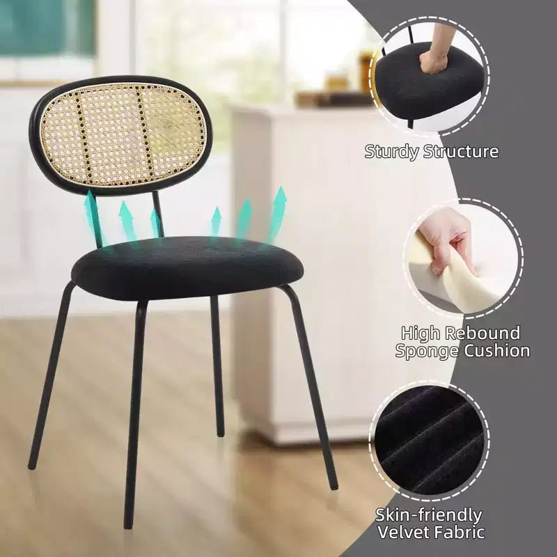 Acekool Mid Century Modern Velvet Dining Chairs Set of 2 Rattan Back Upholstered Metal Chairs for Kitchen Living Room