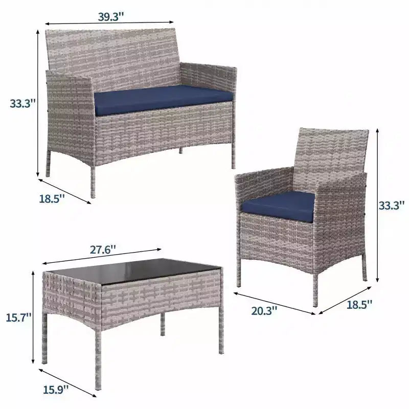 4-Piece Patio Furniture Set, Rattan Outdoor Sofa with 2 Chairs & Coffee Table, Modern Bistro Set for Garden & Backyard