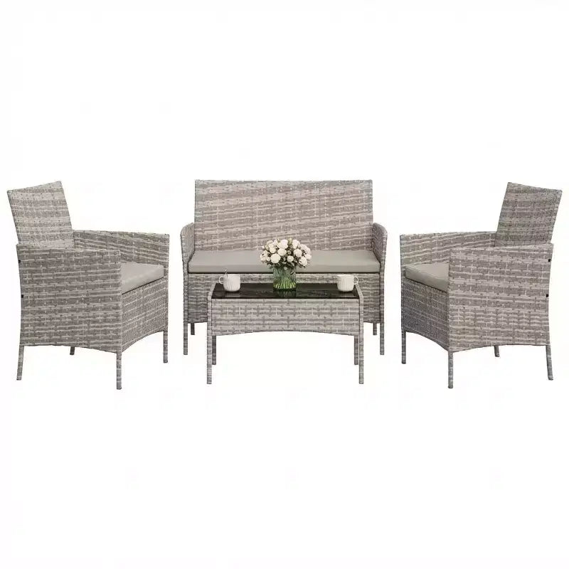 4-Piece Patio Furniture Set, Rattan Outdoor Sofa with 2 Chairs & Coffee Table, Modern Bistro Set for Garden & Backyard