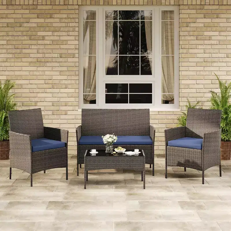 4-Piece Patio Furniture Set, Rattan Outdoor Sofa with 2 Chairs & Coffee Table, Modern Bistro Set for Garden & Backyard
