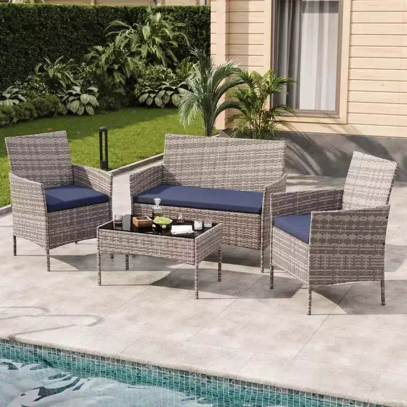 4-Piece Patio Furniture Set, Rattan Outdoor Sofa with 2 Chairs & Coffee Table, Modern Bistro Set for Garden & Backyard