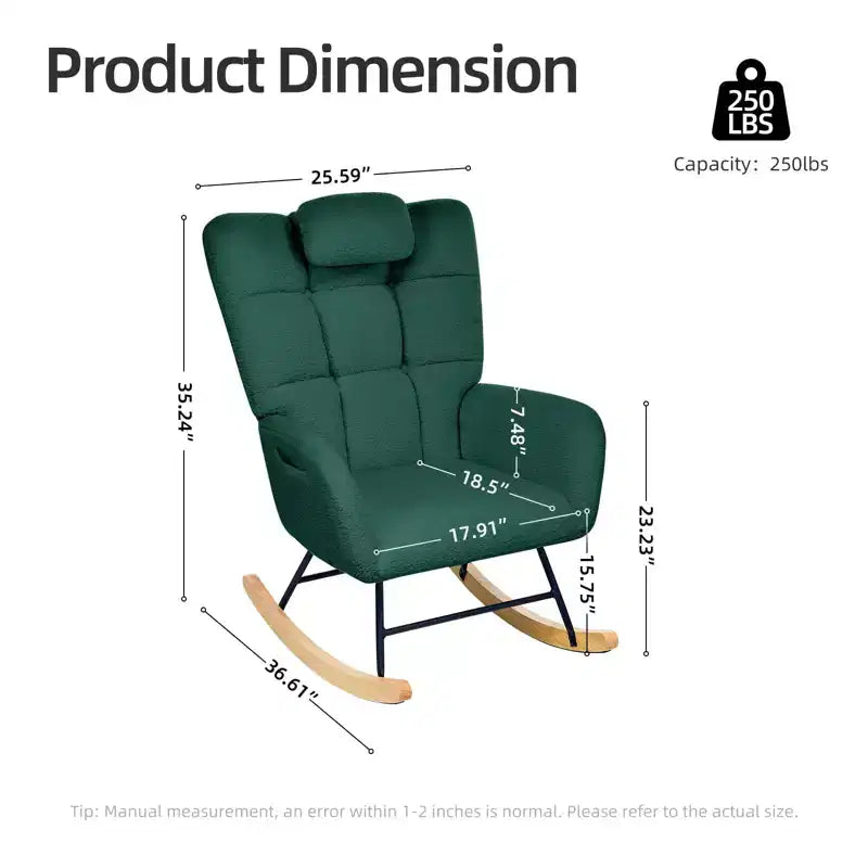 Nursery Rocking Chair, Comfort Glider with High Backrest, Padded Seat, Green Accent Chair for Living Room, Bedroom