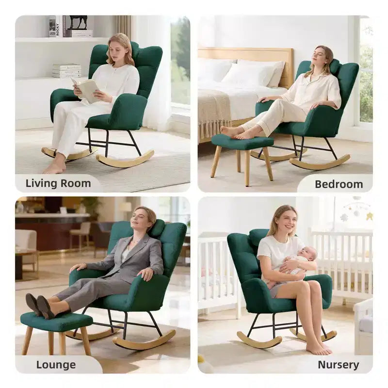 Nursery Rocking Chair, Comfort Glider with High Backrest, Padded Seat, Green Accent Chair for Living Room, Bedroom