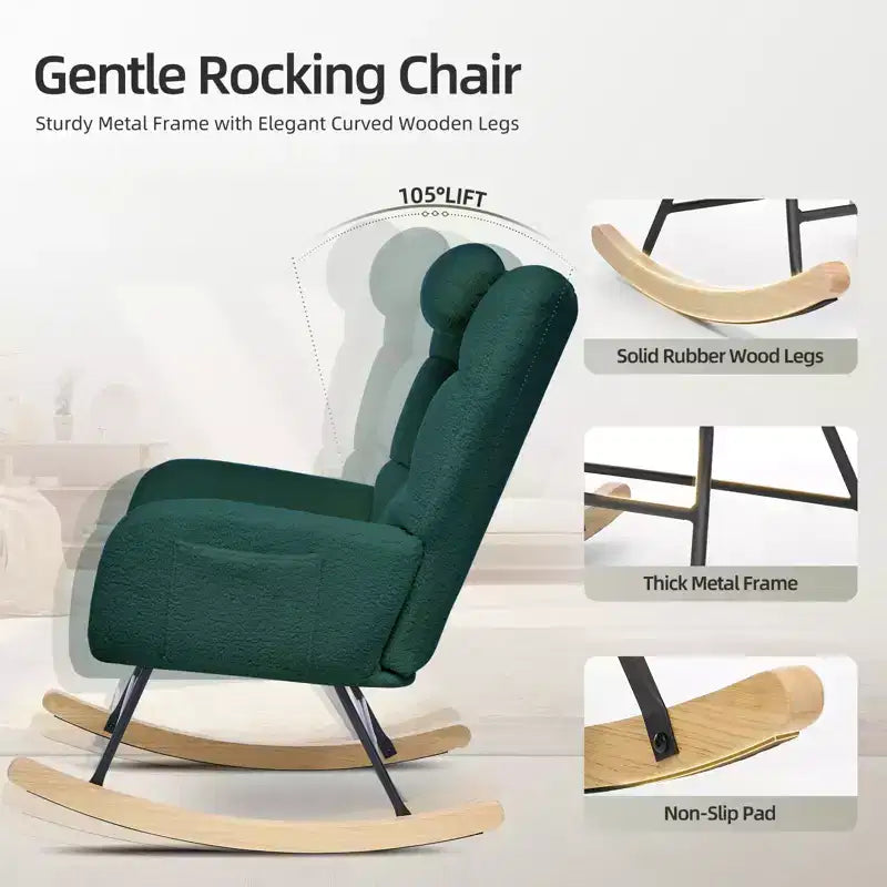 Nursery Rocking Chair, Comfort Glider with High Backrest, Padded Seat, Green Accent Chair for Living Room, Bedroom