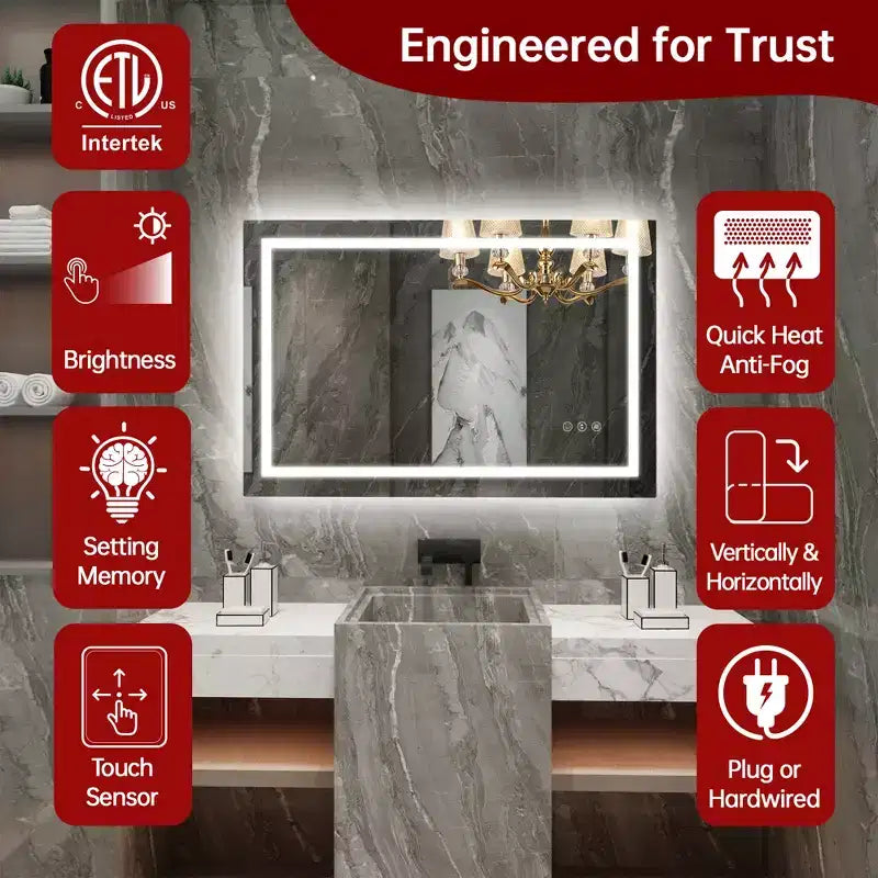 SUMERAIN 24x36 Wall Vanity Mirror Tempered Glass, Anti-Fog ETL Bathroom Mirror Smart Memory Setting