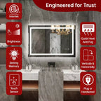 SUMERAIN 24x36 Wall Vanity Mirror Tempered Glass, Anti-Fog ETL Bathroom Mirror Smart Memory Setting