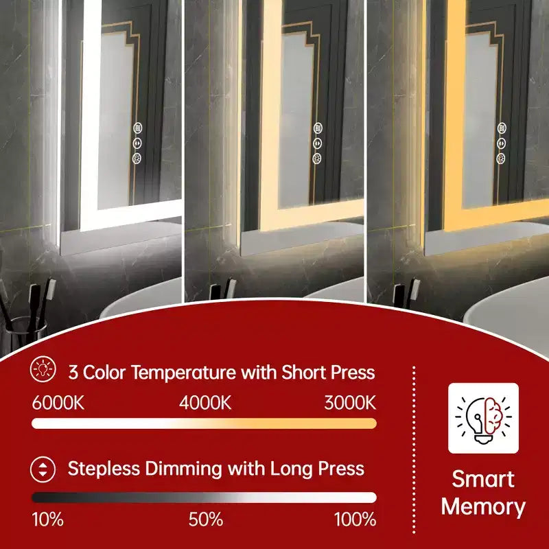 SUMERAIN 24x36 Wall Vanity Mirror Tempered Glass, Anti-Fog ETL Bathroom Mirror Smart Memory Setting