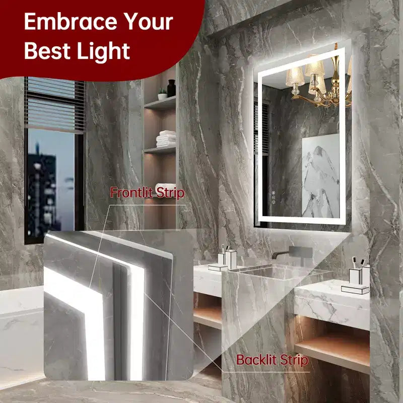SUMERAIN 24x36 Wall Vanity Mirror Tempered Glass, Anti-Fog ETL Bathroom Mirror Smart Memory Setting