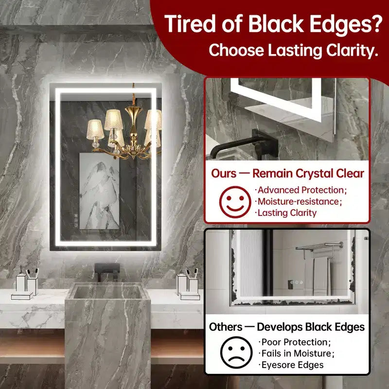 SUMERAIN 24x36 Wall Vanity Mirror Tempered Glass, Anti-Fog ETL Bathroom Mirror Smart Memory Setting