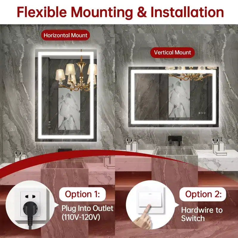 SUMERAIN 24x36 Wall Vanity Mirror Tempered Glass, Anti-Fog ETL Bathroom Mirror Smart Memory Setting