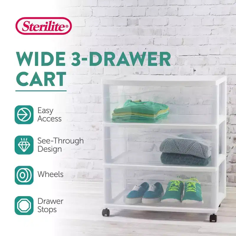 Sterilite Wide 3 Drawer Storage Cart, Plastic Rolling Organizer, White Frame