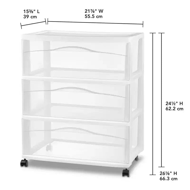 Sterilite Wide 3 Drawer Storage Cart, Plastic Rolling Organizer, White Frame