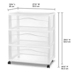 Sterilite Wide 3 Drawer Storage Cart, Plastic Rolling Organizer, White Frame