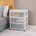 Sterilite Wide 3 Drawer Storage Cart, Plastic Rolling Organizer, White Frame
