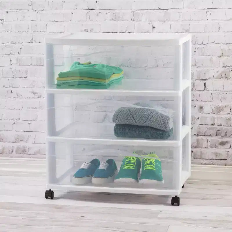 Sterilite Wide 3 Drawer Storage Cart, Plastic Rolling Organizer, White Frame