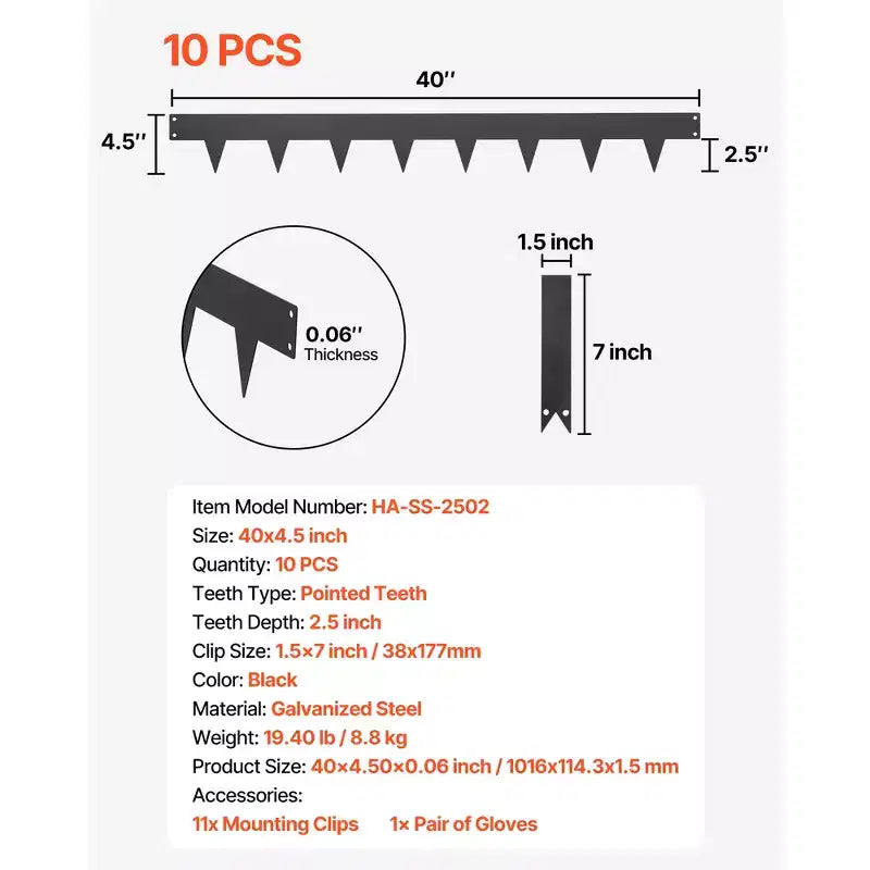 VEVOR Galvanized Steel Landscape Edging, 10-Pack 40 x 4.5 Inch Metal Edging for Landscaping with 11 Mounting Clips, Metal Garden Edge Border, Black
