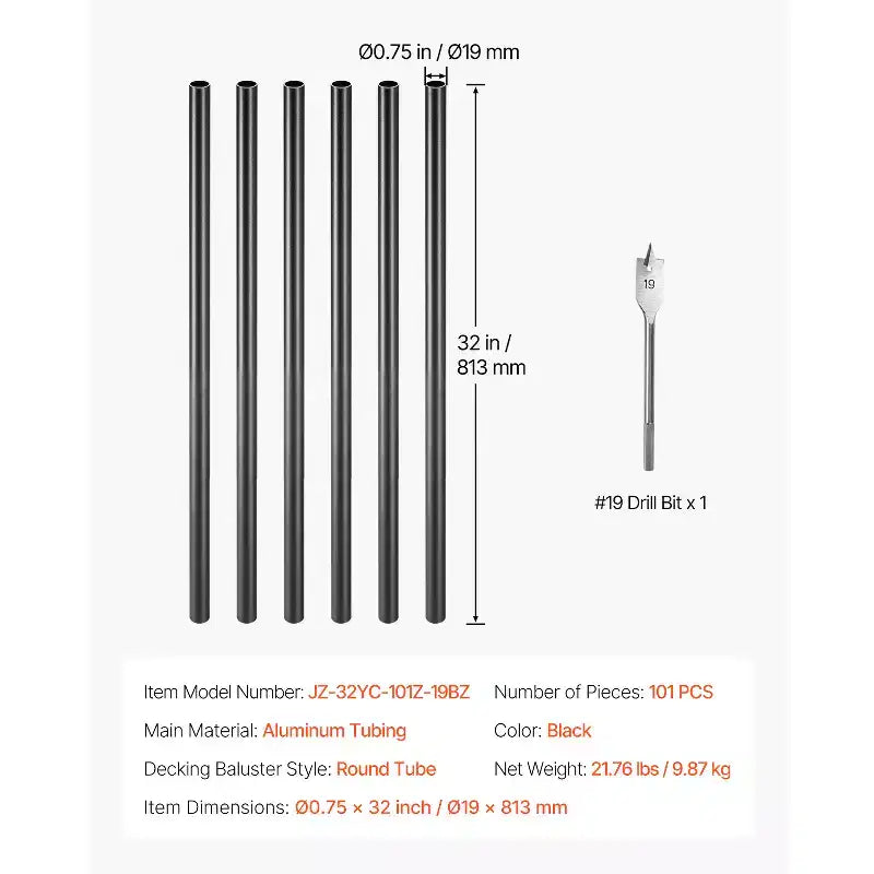 VEVOR Staircase Balusters 101 Pack, 32 In Aluminum Stair Balusters, 3/4 In Rainwater-Proof Round Metal Spindle Railing, Black