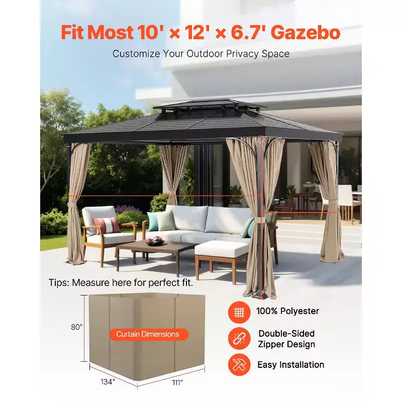 VEVOR Gazebo Curtains Outdoor, Fit Most 12'x10'x6.7' Gazebos, 4-Panel Sidewall Gazebo Privacy Curtains with Zippers, Outdoor Curtain Replacement,Khaki