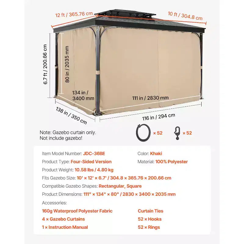 VEVOR Gazebo Curtains Outdoor, Fit Most 12'x10'x6.7' Gazebos, 4-Panel Sidewall Gazebo Privacy Curtains with Zippers, Outdoor Curtain Replacement,Khaki