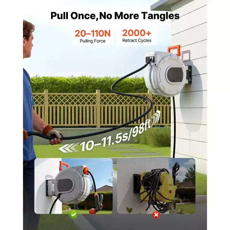 VEVOR Retractable Garden Hose Reel, 1/2 in x 50 ft, Wall Mounted Hose Reel with 9-Function Sprayer Nozzle and 180 Swivel Bracket,Grey