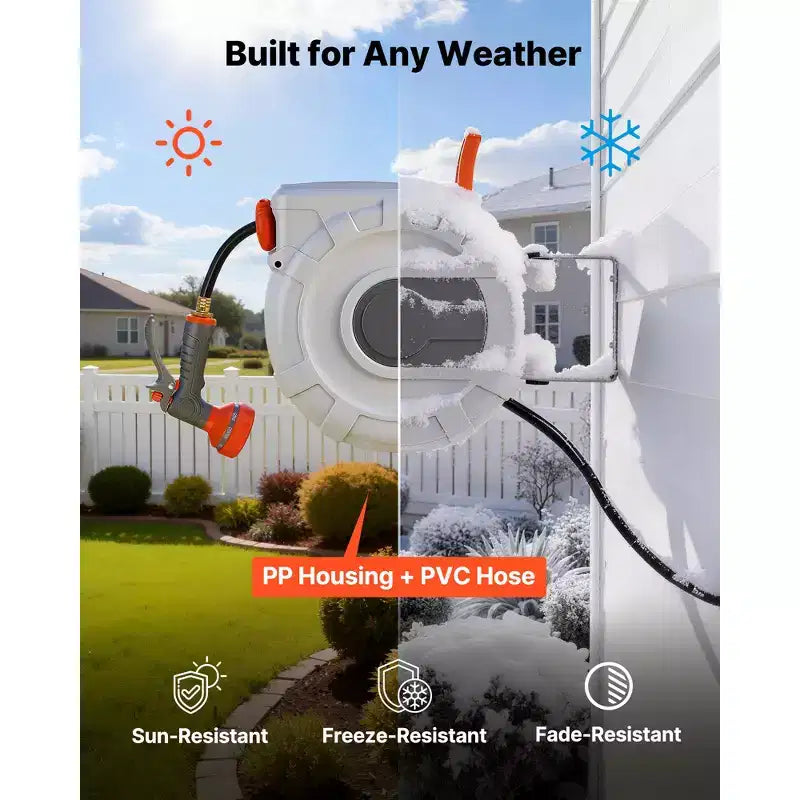 VEVOR Retractable Garden Hose Reel, 1/2 in x 50 ft, Wall Mounted Hose Reel with 9-Function Sprayer Nozzle and 180 Swivel Bracket,Grey