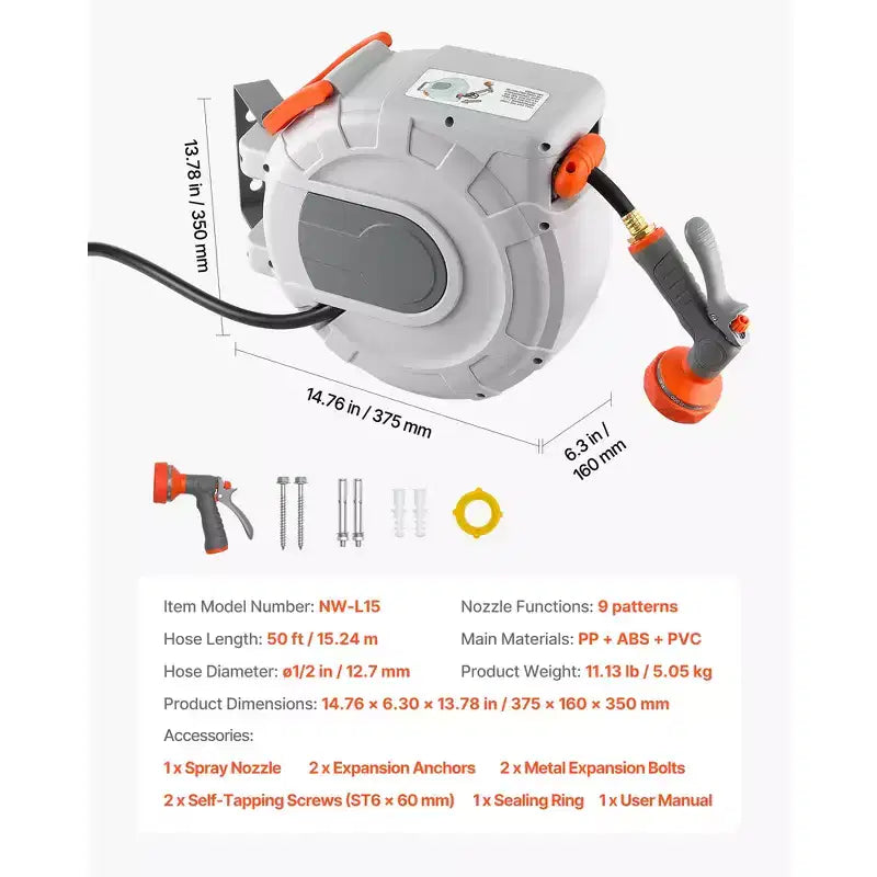 VEVOR Retractable Garden Hose Reel, 1/2 in x 50 ft, Wall Mounted Hose Reel with 9-Function Sprayer Nozzle and 180 Swivel Bracket,Grey