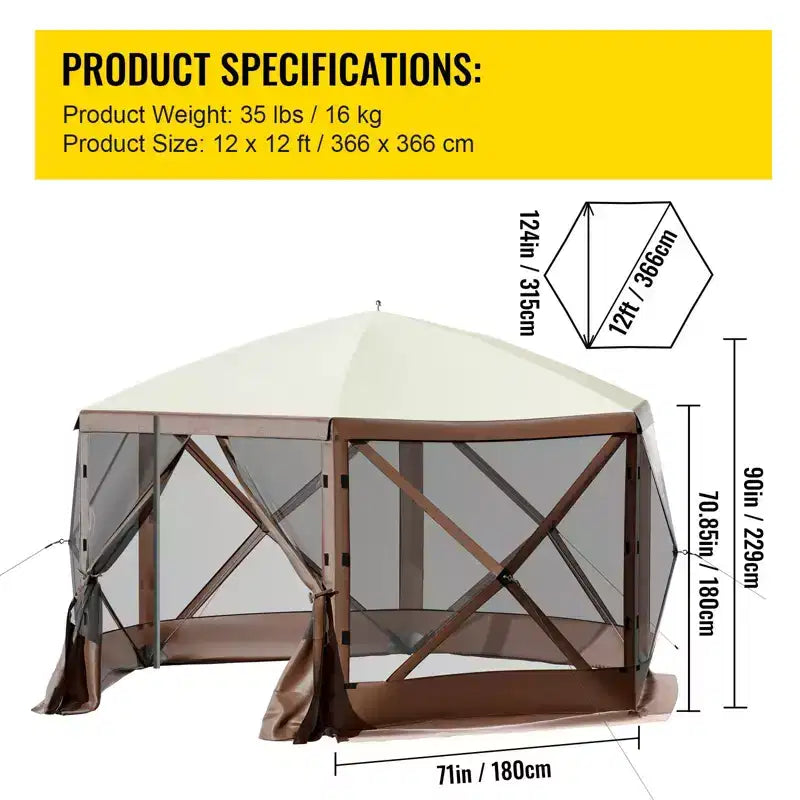 Gazebo Screen Tent, 12 X 12 Ft, 6 Sided Pop-up Camping Canopy Shelter Tent with Mesh Windows, Portable Carry Bag