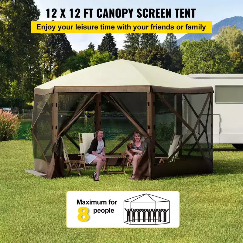 Gazebo Screen Tent, 12 X 12 Ft, 6 Sided Pop-up Camping Canopy Shelter Tent with Mesh Windows, Portable Carry Bag