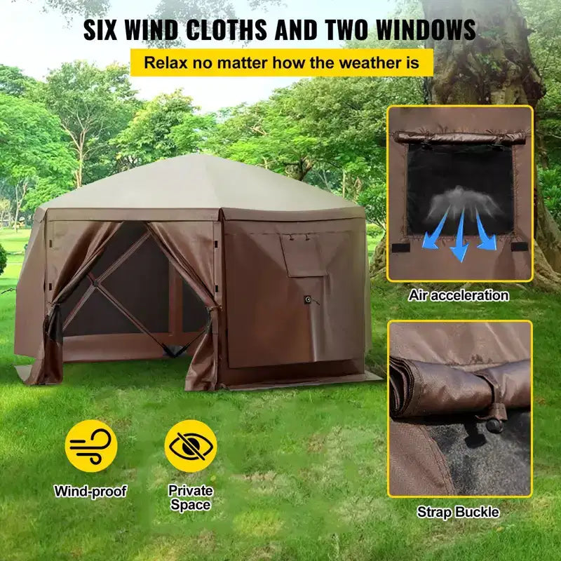 Gazebo Screen Tent, 12 X 12 Ft, 6 Sided Pop-up Camping Canopy Shelter Tent with Mesh Windows, Portable Carry Bag