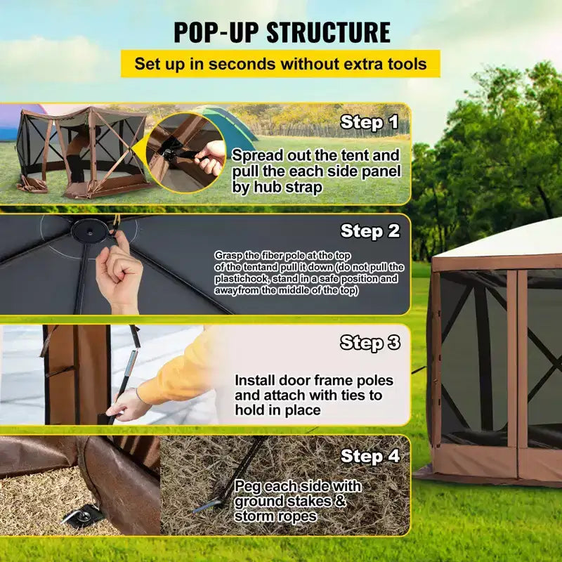 Gazebo Screen Tent, 12 X 12 Ft, 6 Sided Pop-up Camping Canopy Shelter Tent with Mesh Windows, Portable Carry Bag