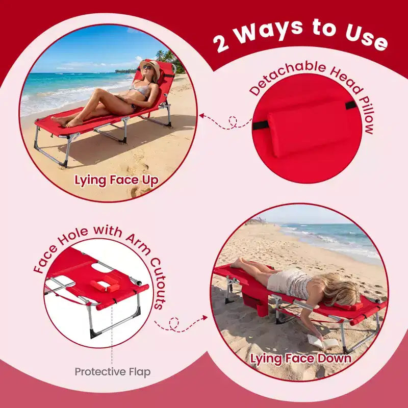 Gymax Tanning Chair w/ Face Arm Holes 4-Level Backrest & Head Pillow Side Pocket