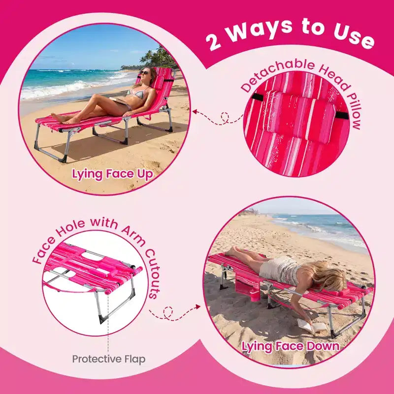 Gymax Tanning Chair w/ Face Arm Holes 4-Level Backrest & Head Pillow Side Pocket