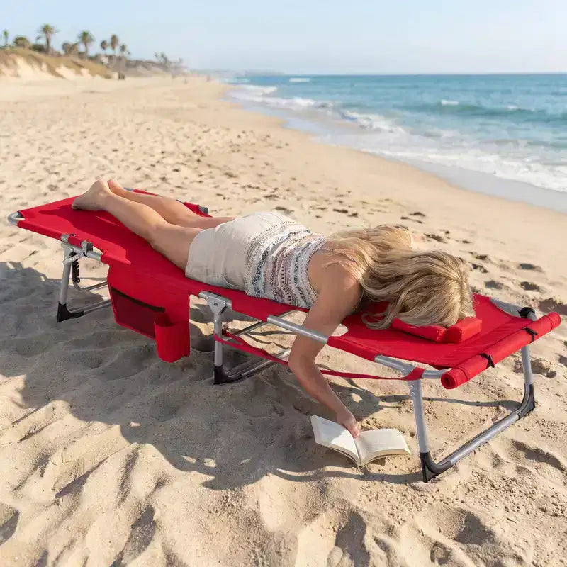 Gymax Tanning Chair w/ Face Arm Holes 4-Level Backrest & Head Pillow Side Pocket