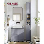 VASAGLE Tall Bathroom Cabinet, Slim Freestanding Bathroom Storage Cabinet with Adjustable Shelves, Drawer, Open Compartments, Dove Gray