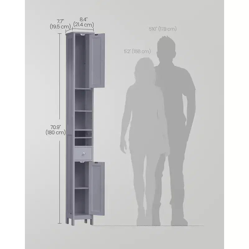 VASAGLE Tall Bathroom Cabinet, Slim Freestanding Bathroom Storage Cabinet with Adjustable Shelves, Drawer, Open Compartments, Dove Gray