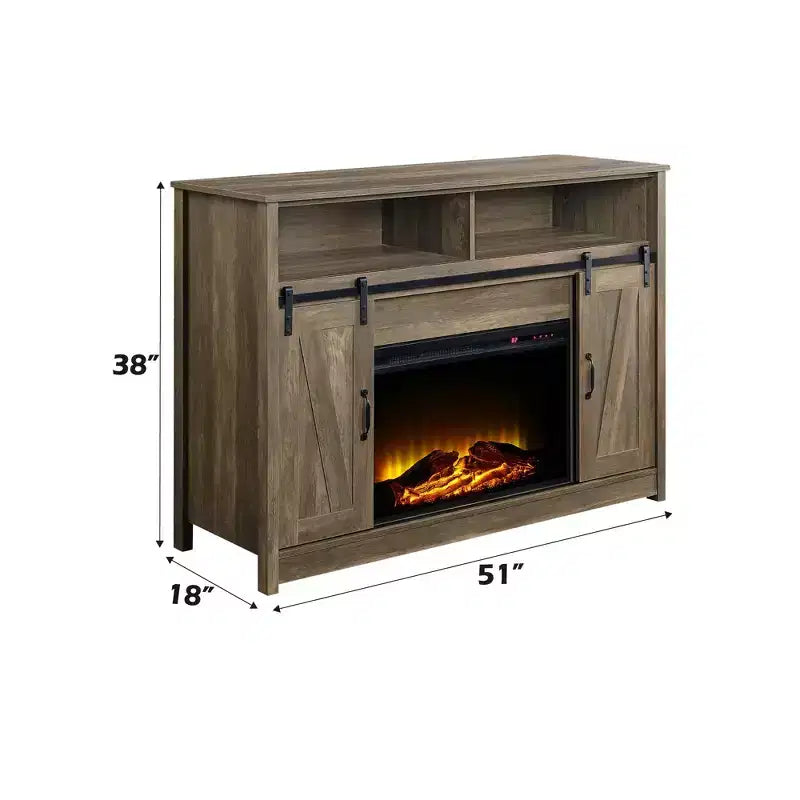 Rustic Oak Finish Fireplace with Shelf Storage