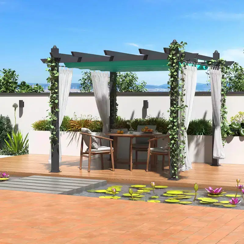 Retractable Outdoor Pergola 10x13 Ft with Adjustable Blue Canopy 4 White Curtains Weatherproof Aluminum Patio Canopy for Backyard Garden