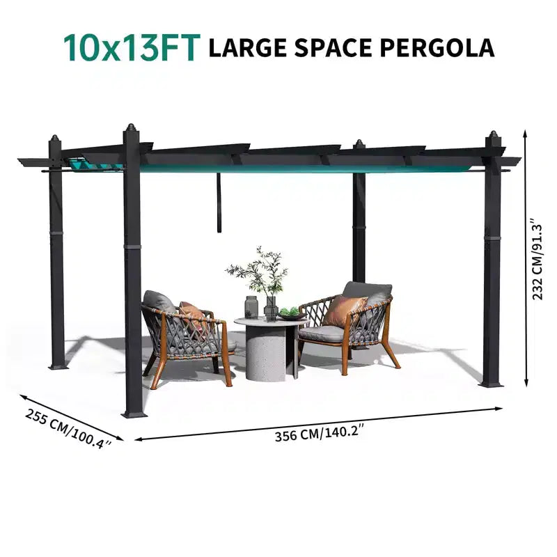 Retractable Outdoor Pergola 10x13 Ft with Adjustable Blue Canopy 4 White Curtains Weatherproof Aluminum Patio Canopy for Backyard Garden