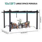 Retractable Outdoor Pergola 10x13 Ft with Adjustable Blue Canopy 4 White Curtains Weatherproof Aluminum Patio Canopy for Backyard Garden