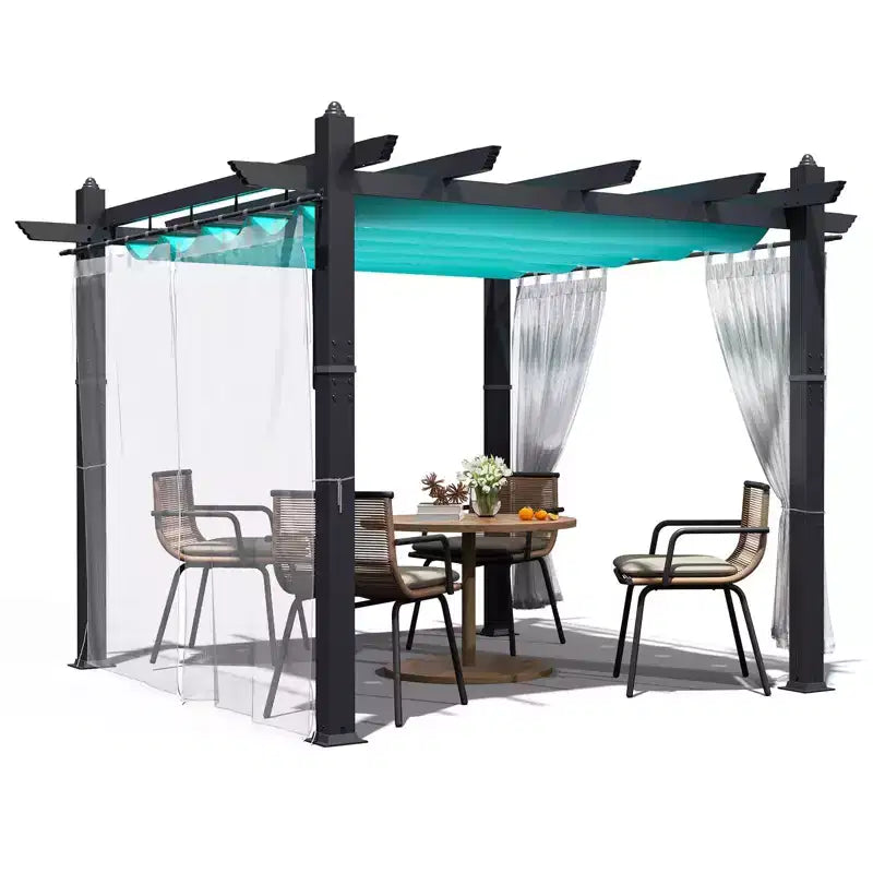 Retractable Outdoor Pergola 10x13 Ft with Adjustable Blue Canopy 4 White Curtains Weatherproof Aluminum Patio Canopy for Backyard Garden