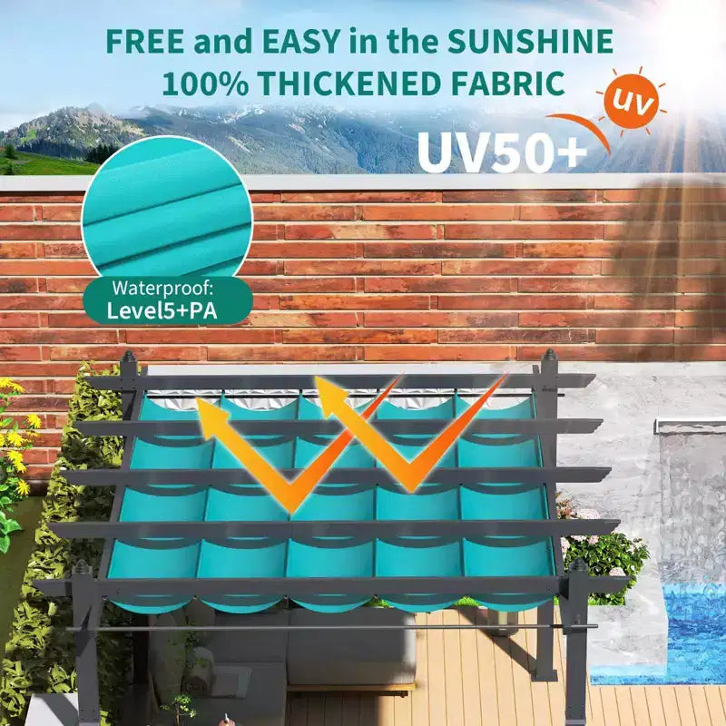 Retractable Outdoor Pergola 10x13 Ft with Adjustable Blue Canopy 4 White Curtains Weatherproof Aluminum Patio Canopy for Backyard Garden