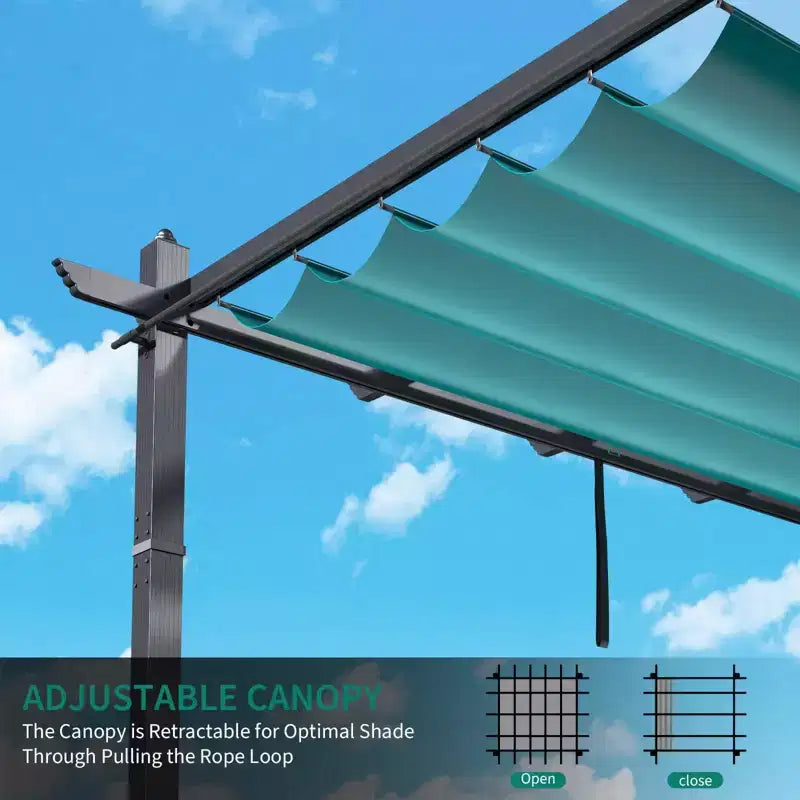 Retractable Outdoor Pergola 10x13 Ft with Adjustable Blue Canopy 4 White Curtains Weatherproof Aluminum Patio Canopy for Backyard Garden