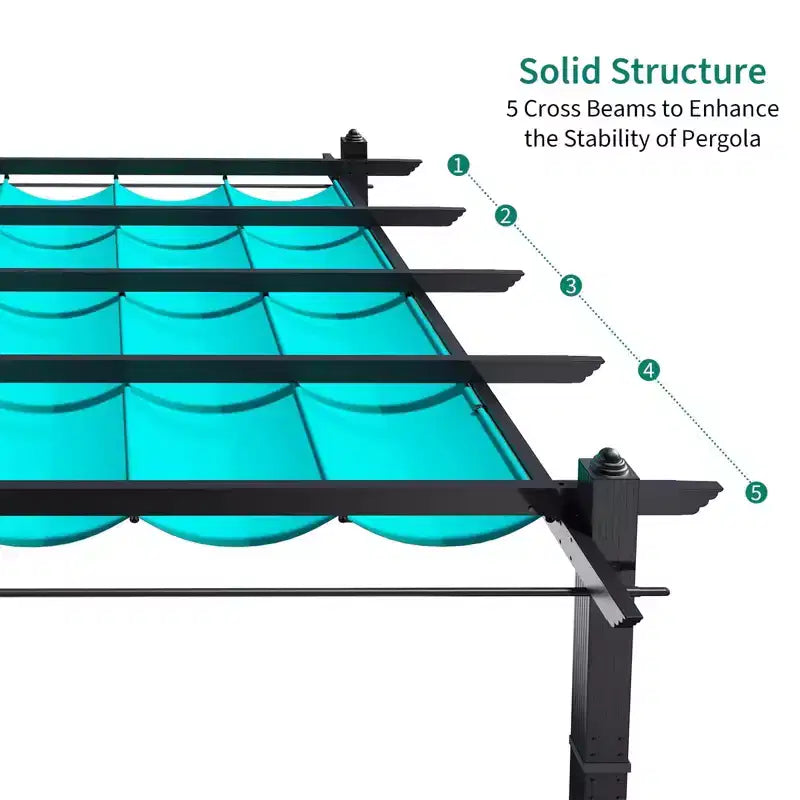 Retractable Outdoor Pergola 10x13 Ft with Adjustable Blue Canopy 4 White Curtains Weatherproof Aluminum Patio Canopy for Backyard Garden