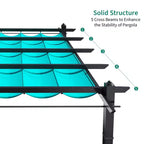 Retractable Outdoor Pergola 10x13 Ft with Adjustable Blue Canopy 4 White Curtains Weatherproof Aluminum Patio Canopy for Backyard Garden