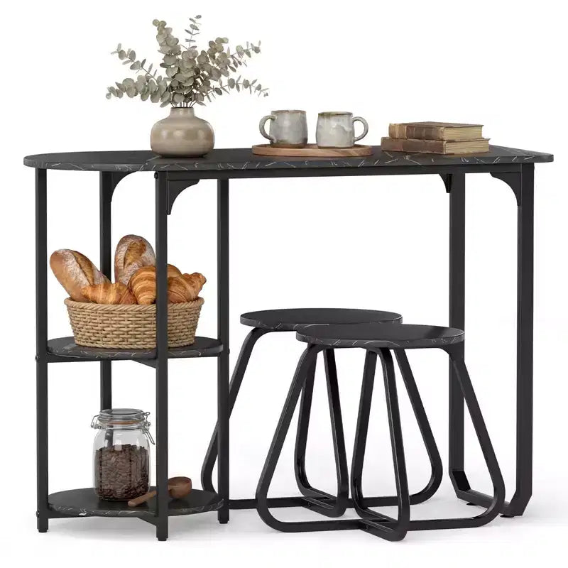 Costway 3 PCS Dining Table Set, Wooden Metal Kitchen Table & 2 Stools with Storage Shelves Rustic Brown+Black/White+Golden