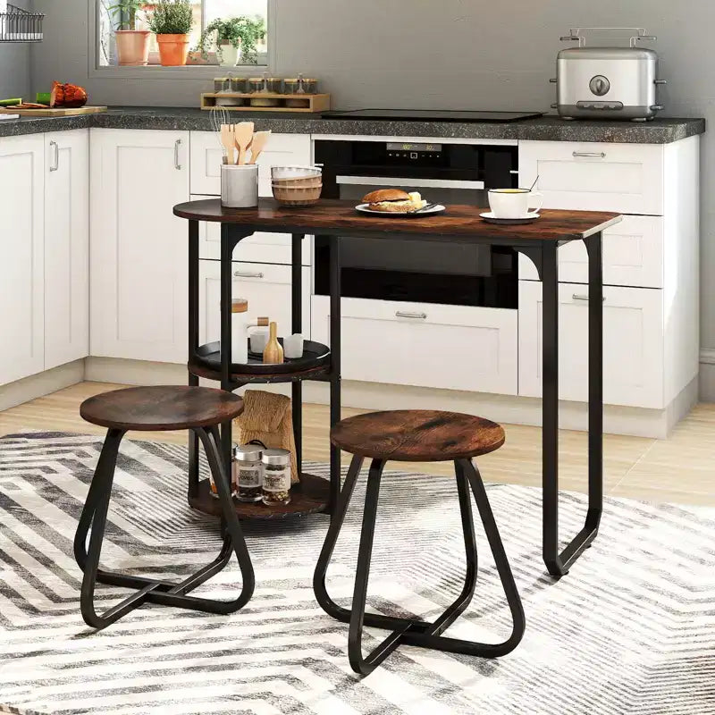 Costway 3 PCS Dining Table Set, Wooden Metal Kitchen Table & 2 Stools with Storage Shelves Rustic Brown+Black/White+Golden